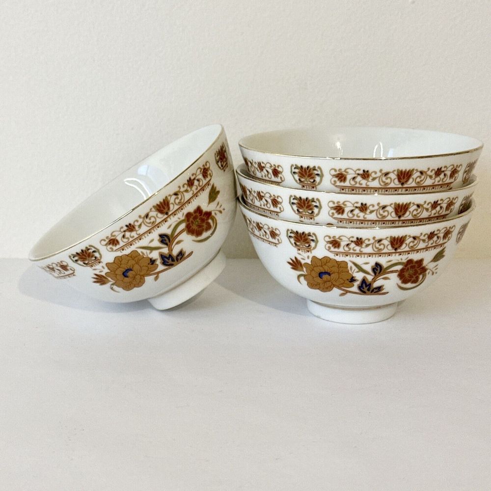 Vintage Royal Tatung Porcelain Asian Rice Bowls 4.5in Saucers Floral‎ Brown Blue